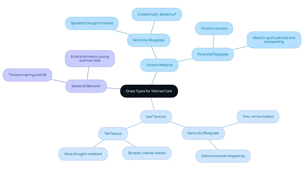 This mindmap helps you visualize different grass types and their care needs. Start at the center with the main topic, then follow the branches to explore growth patterns, leaf textures, and seasonal behaviors. Each branch leads to specific grass types and their unique characteristics, making it easier to understand how to care for your lawn.