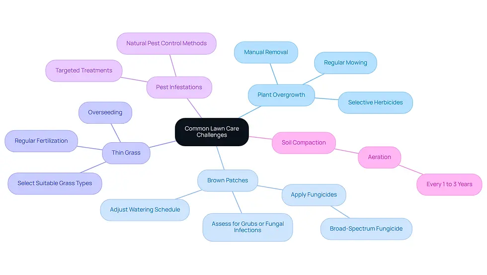 The central node represents the main topic of lawn care challenges. Each branch shows a specific challenge, and the sub-branches provide actionable solutions. Follow the branches to see how to tackle each issue effectively.