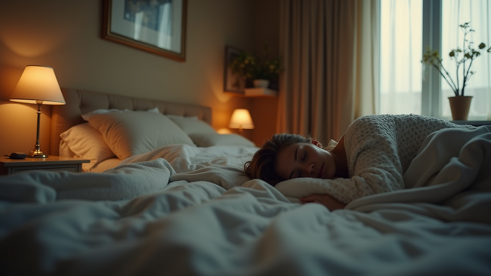 Eye-level view of a cozy bedroom with soft lighting and a person sleeping peacefully