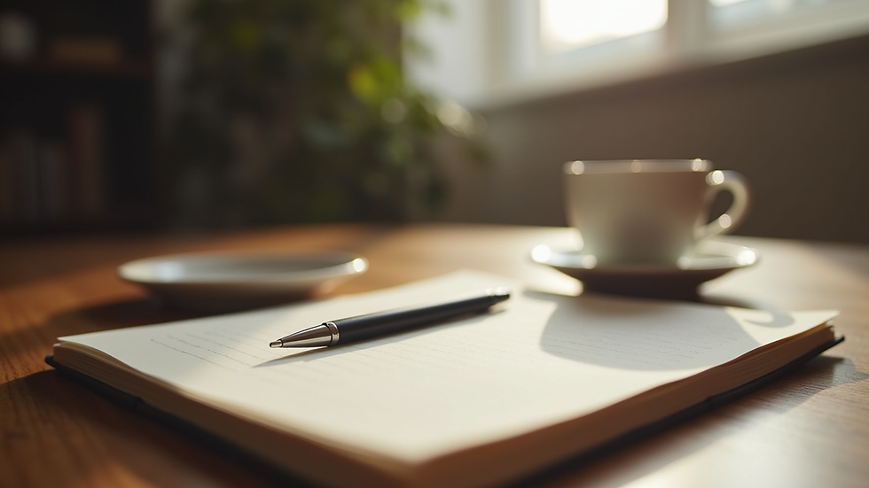 Close-up view of a journal with a pen and a cup of tea on a wooden table