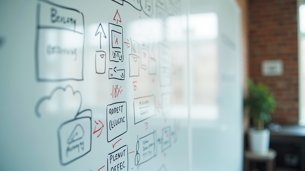 Close-up view of a marketing strategy whiteboard with notes and diagrams