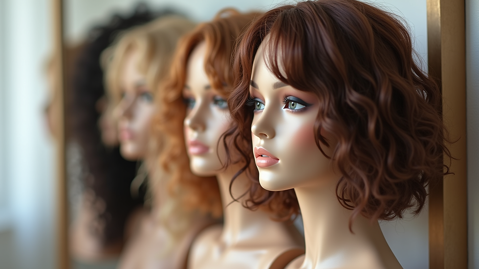 Eye-level view of a wig stand displaying various natural hair colors