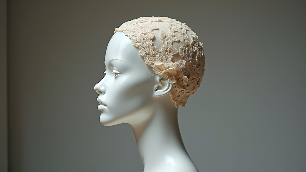Close-up view of a lace base hair topper on a mannequin head
