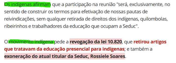 IMAGEM 7 - Trecho do G1. Matéria: https://g1.globo.com/pa/para/noticia/2025/02/05/indigenas-que-ocupam-seduc-em-belem-reunem-com-governo-para-discutir-educacao-escolar-em-comunidades-tradicionais.ghtml