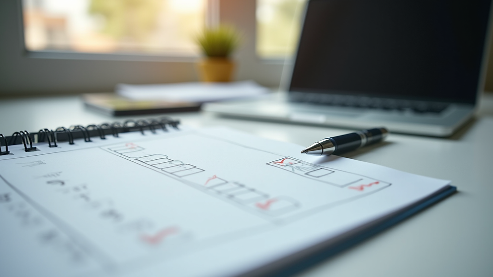Close-up view of a notebook with a checklist and a pen on a desk