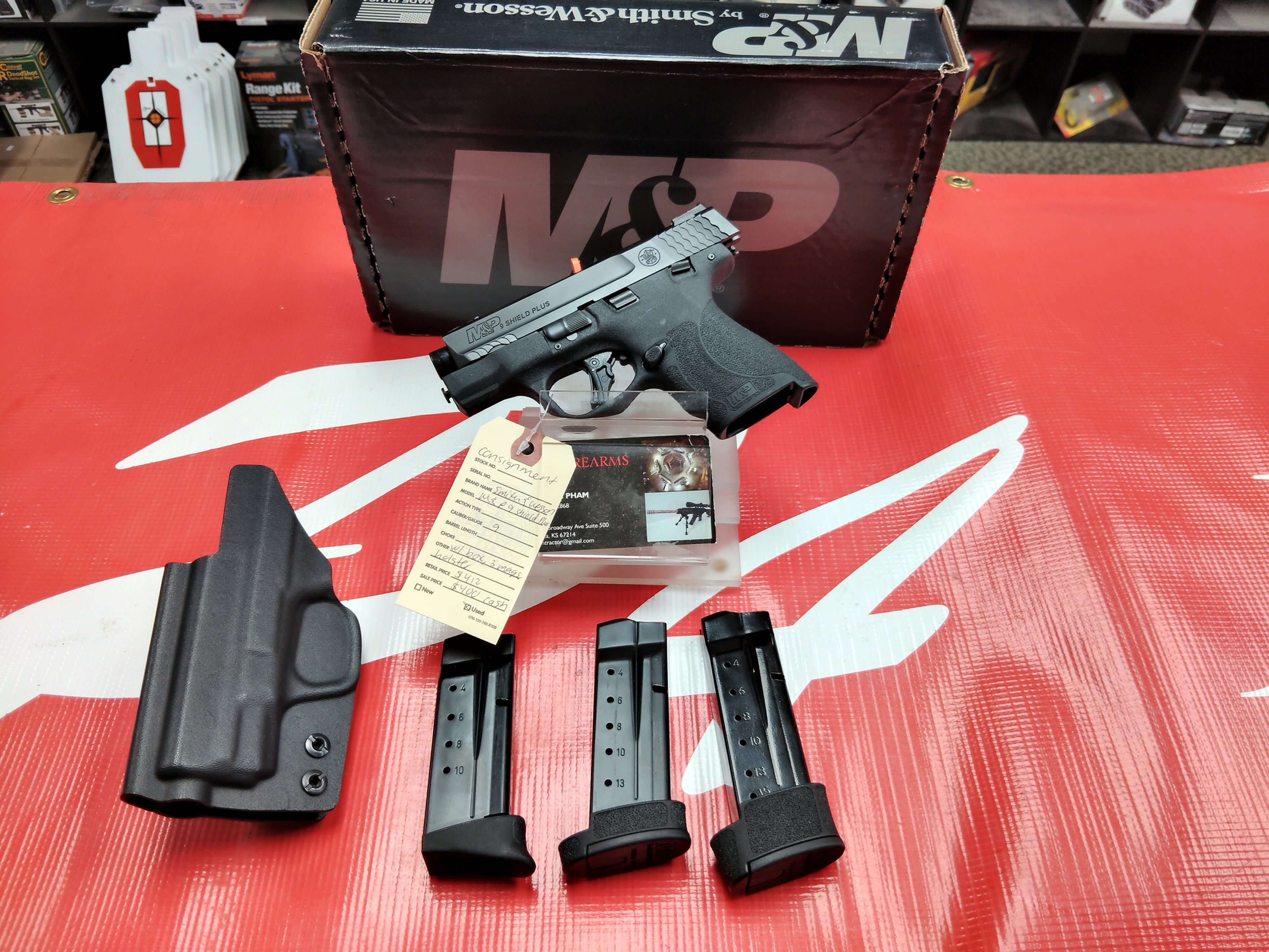 CONSIGNMENT: USED SMITH & WESSON M&P9 SHIELD PLUS 9MM WITH BOX, 3 MAGS, AND HOLS