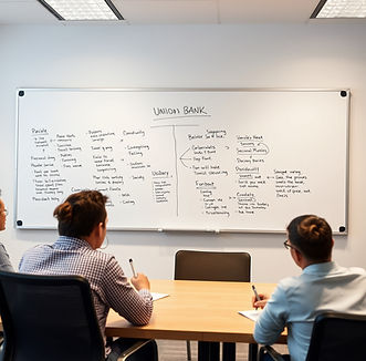 a white board that was used for a brainstorming session on union bank and Usbank and there