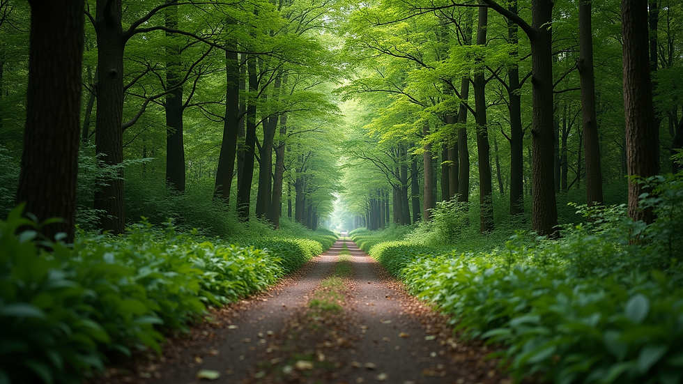Eye-level view of a serene forest path guiding through green trees