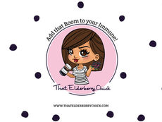 That Elderberry Chick Logo with a Cartoon Image of the Owner Holding Elderberry Syrup in a Mason Jar and Reads Add That Boom to Your Immune!
