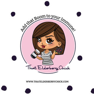 That Elderberry Chick Logo with a Cartoon Image of the Owner Holding Elderberry Syrup in a Mason Jar and Reads Add That Boom to Your Immune!