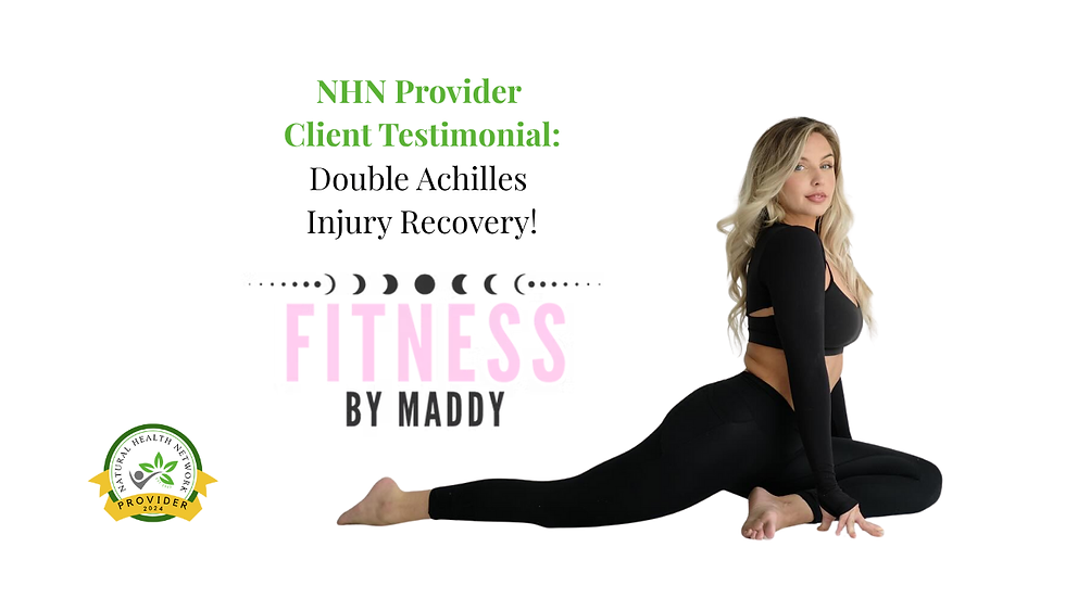 Blonde woman in black outfit doing a yoga pose on white background. Text: NHN Provider Client Testimonial, Fitness by Maddy. Badge visible.
