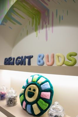Colorful shelf display with rainbow-drip wall art, BRIGHT BUDS letters, and a multicolored round plush toy on a white shelf.