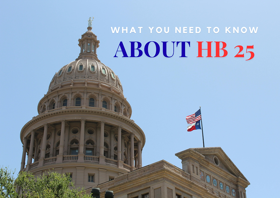 Capitol dome against blue sky; text reads "What You Need to Know About HB 25"; U.S. and Texas flags flying high.