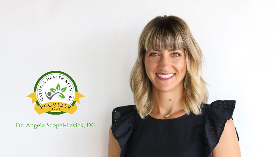 Dr. Angela Smiling in black dress against white background. Badge: "Natural Health Network Provider 2023" and text: "Dr. Angela Scopel-Levick, DC."