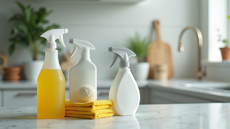 Close-up view of cleaning supplies arranged neatly on a countertop