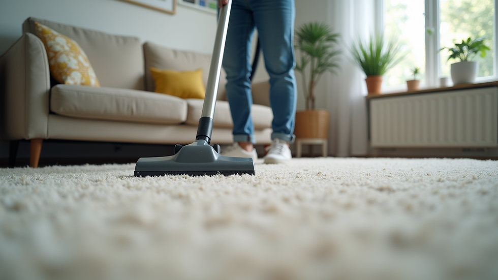 Close-up view of a cleaning professional vacuuming a carpet in a living room
