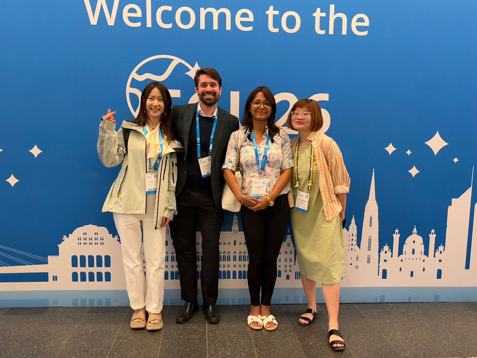 Group photo at EGU 2026 (from left to right): Dr Xu Rong Hua, Dr Erich Wolff, Dr Atmaja Baruah, and Sammie Ng.