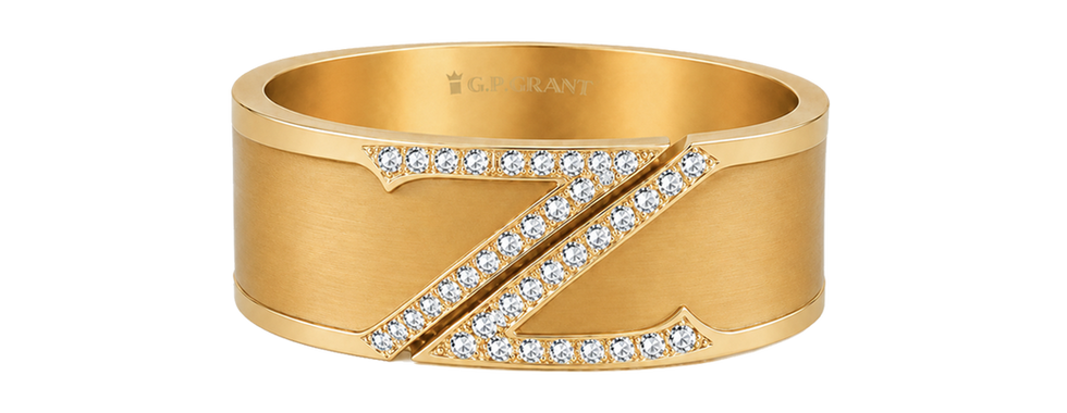 Gold engagement ring with diamonds and Z design, luxury wedding ring in yellow gol