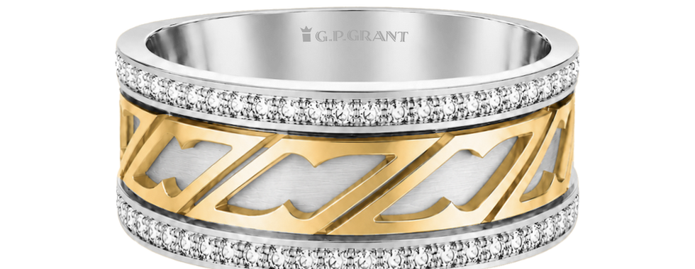 Designer wedding rings in yellow gold with diamonds and architectural pattern