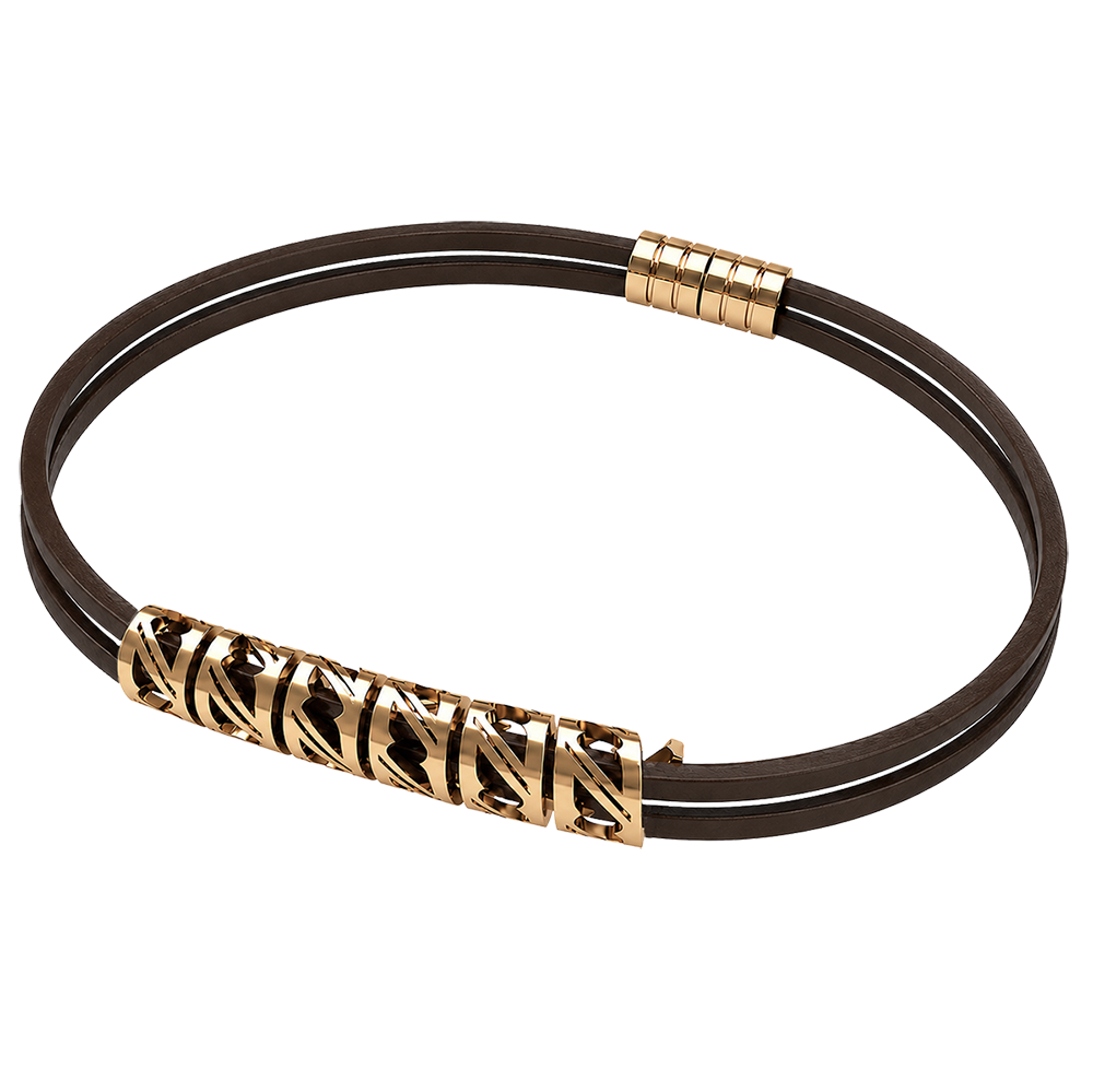 luxury yellow gold Zaven Open geometric barrel charms on a premium brown leather bracelet. Bracelet de luxe en or jaune