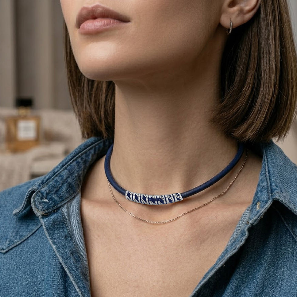 Miniatura: Woman wearing G.P. Grant fine 925 silver geometric open barrel beads on a luxury navy blue leather choker.