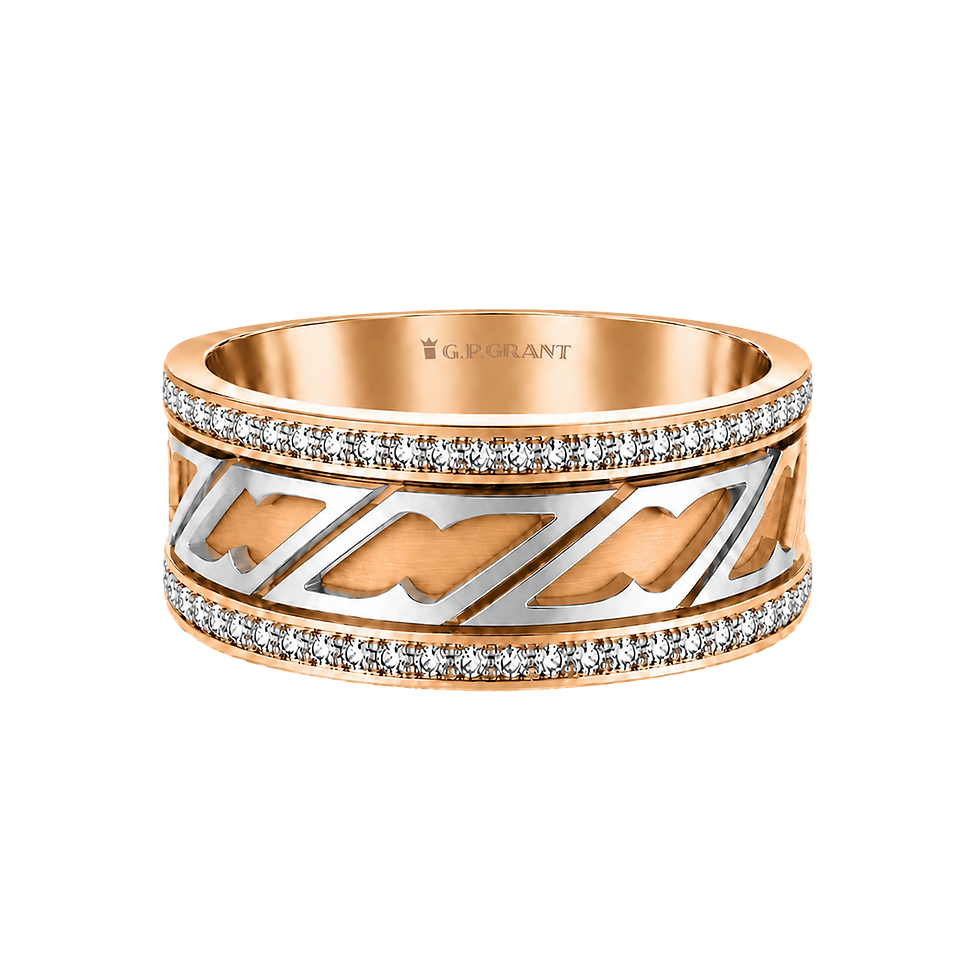 gold rings for women and men. Bold 18K rose gold wedding band with a white gold ornament and diamonds. Fede matrimoniale.