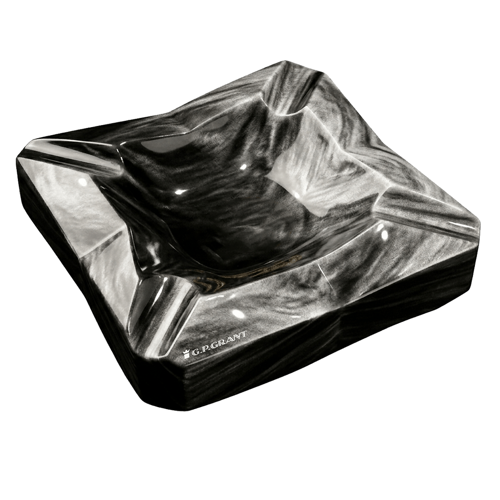 square cigar ashtray in Silver Obsidian, showcasing natural linear volcanic patterns