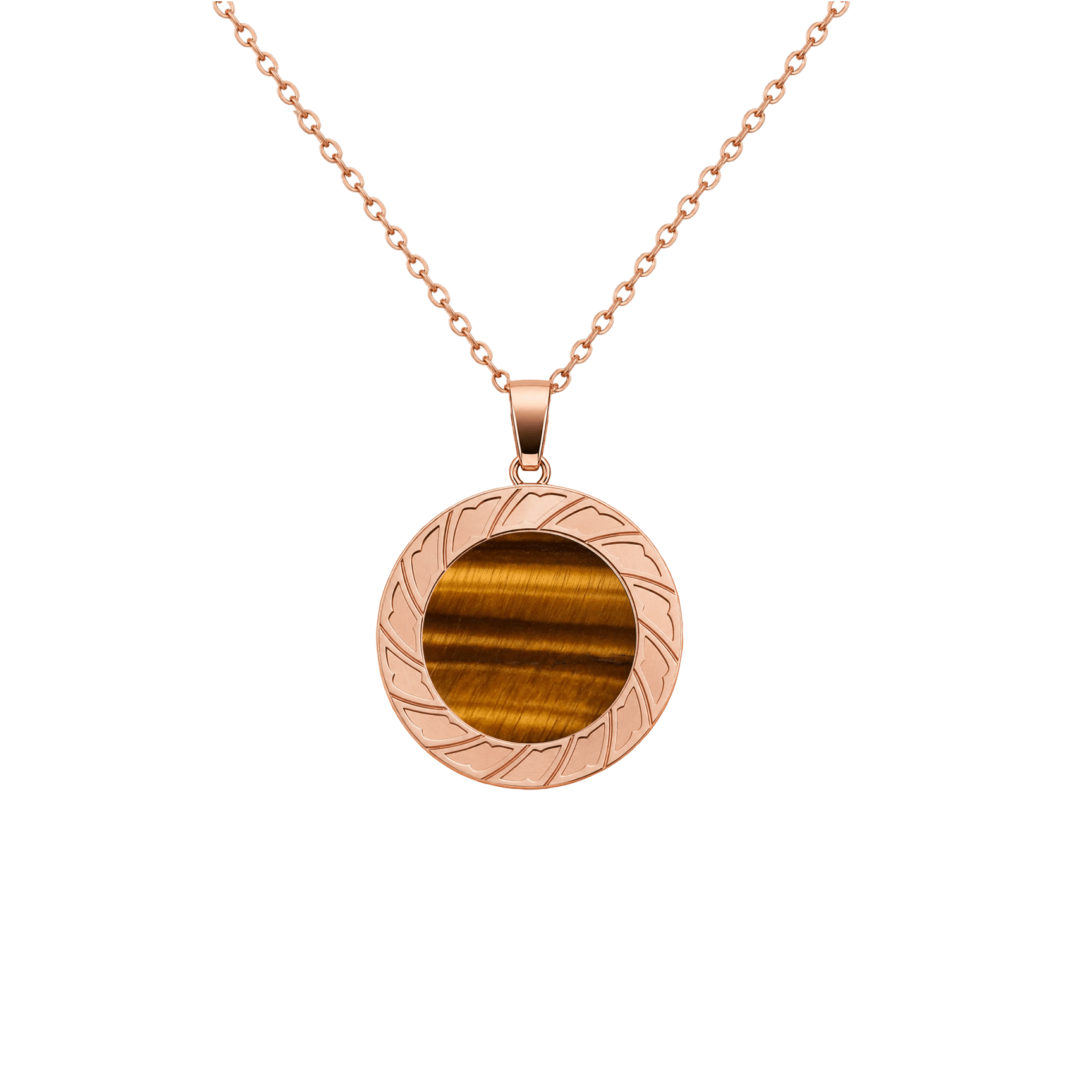 Zaven Tiger's Eye small rose gold pendant with an ornate geometric frame and striped brown mineral. Pendentif en or