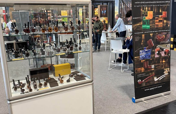 G.P.Grant handcrafted tobacco pipes displayed in glass showcase at InterTabac 2026