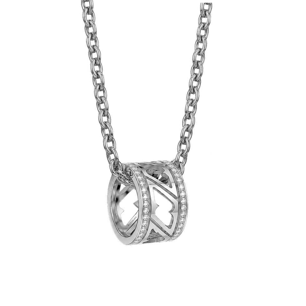 Миниатюра: high-end white gold necklace. Open Double Diamond Edge rigid cylinder pendant. Colgante calado de oro con diamantes