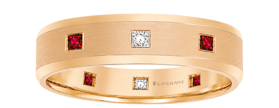 Yellow gold wedding ring with rubies and diamonds, unique wedding rings with red gemstones