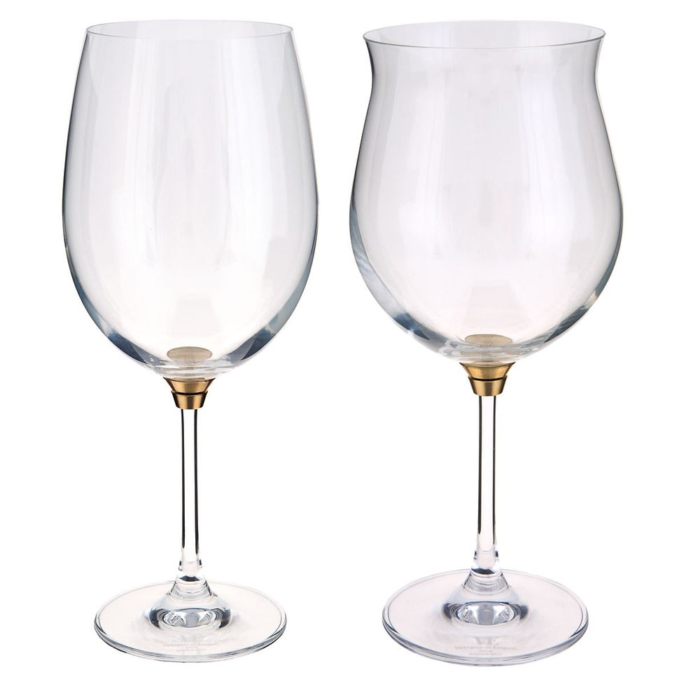 Vortice Gold crystal spinning wine glass set showing one open bowl and one closed bowl glass on white