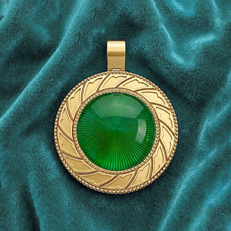 Miniatura: Zaven Green Sphere gold pendant with vibrant guilloche lacquer on matching velvet. تعليقة ذهب. Altın kolye ucu