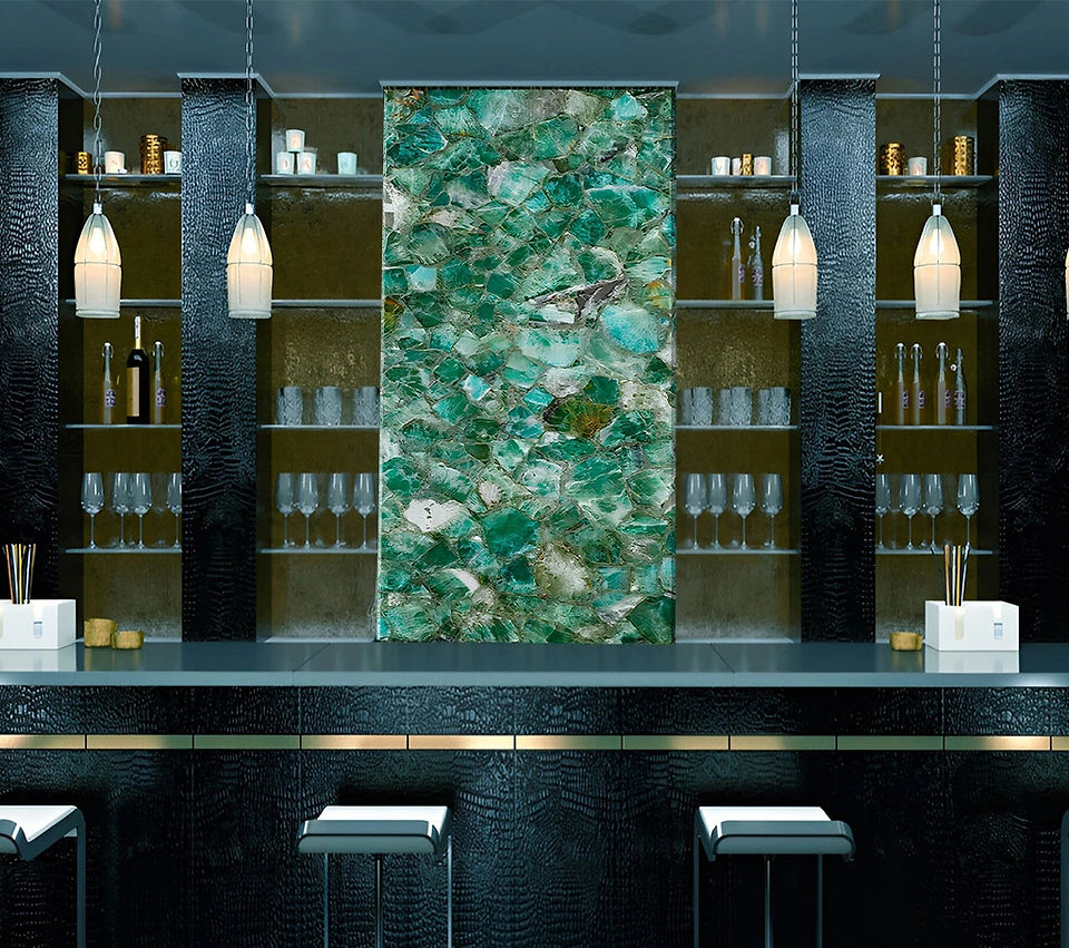 Green Fluorite solid slab with natural translucency, corrosion-resistant material and spa-inspired lighting