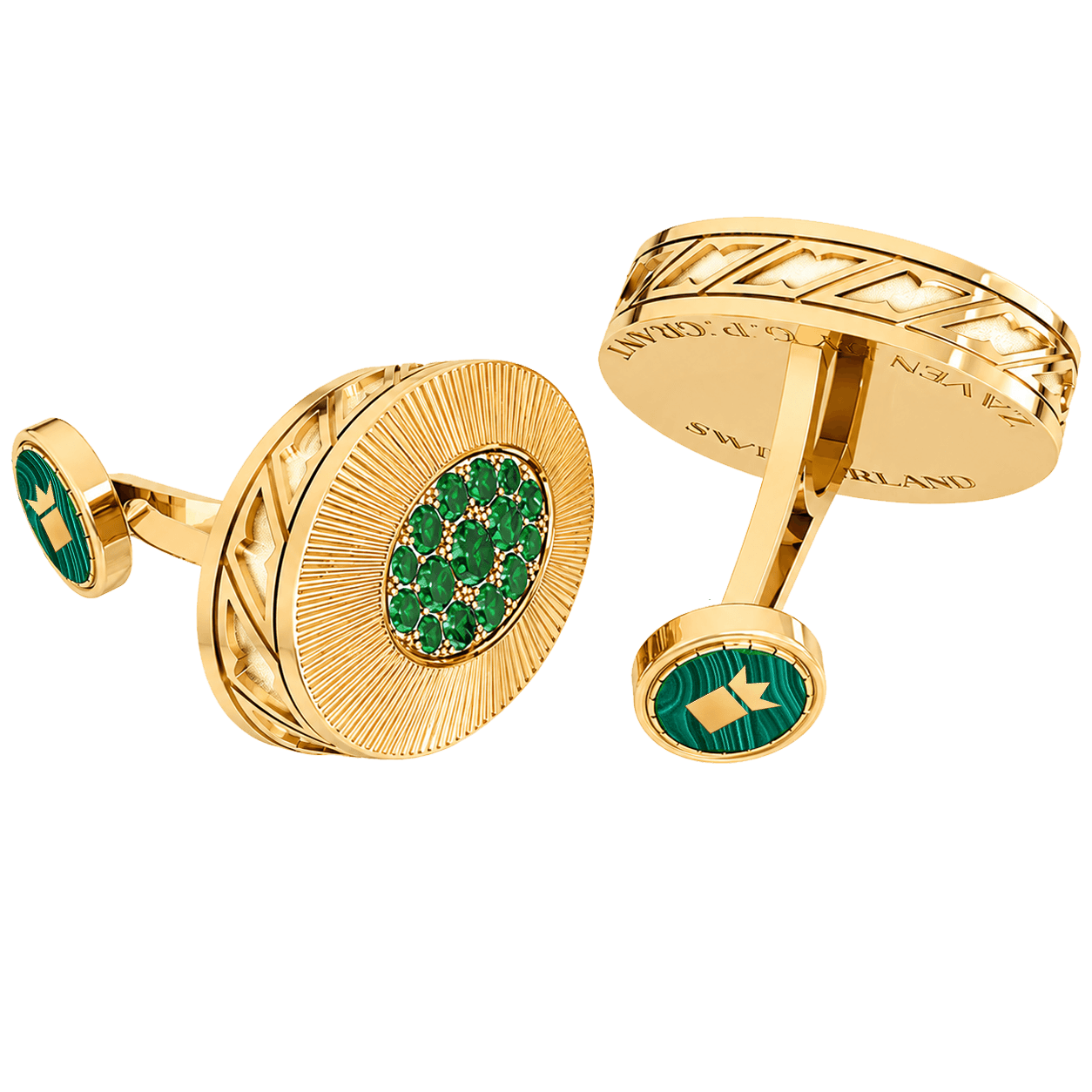Exclusive Vintage cufflinks in solid 18K Yellow Gold, central emerald setting framed by radial metalwork and a malachite back