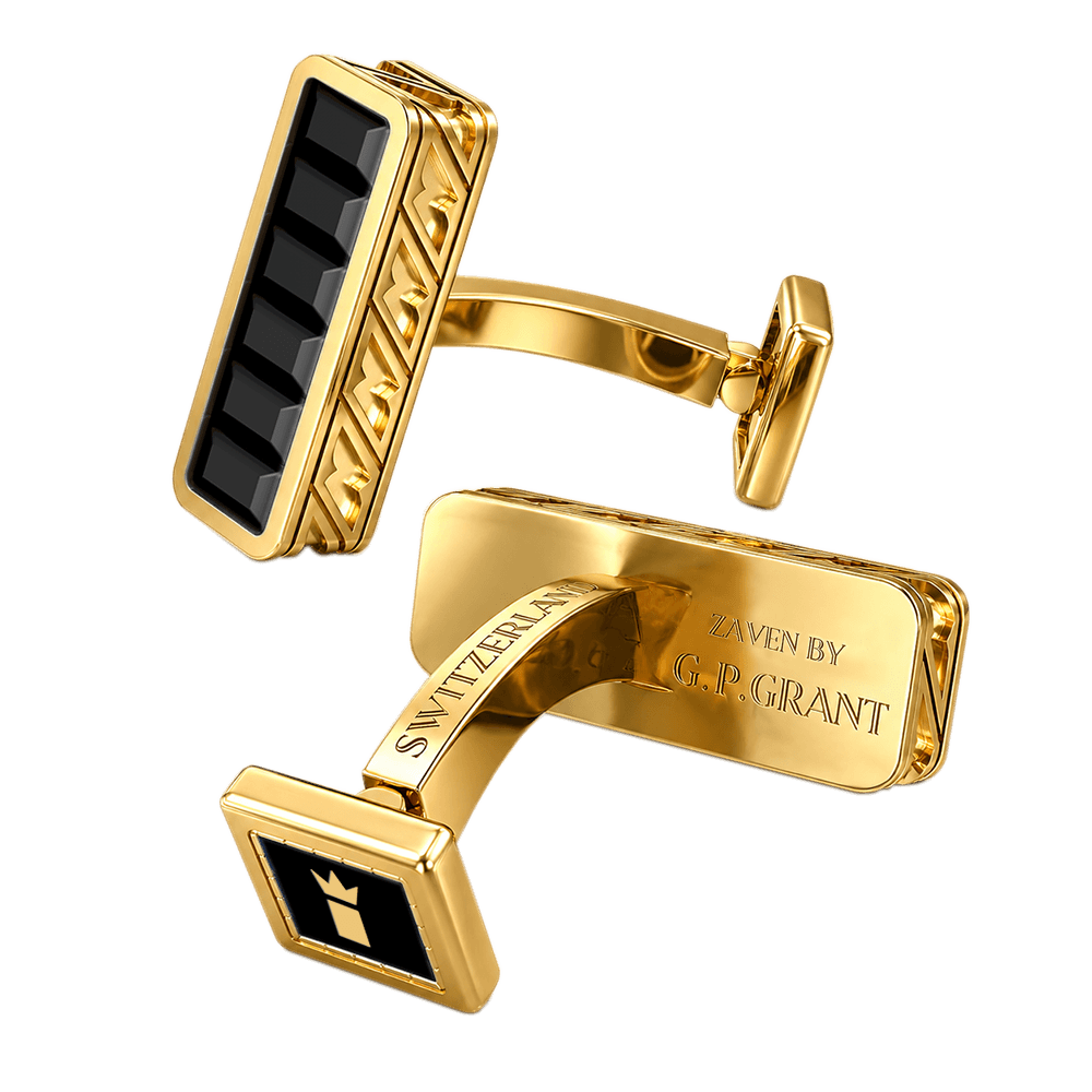 duard Strata cufflinks in Sterling Silver and Yellow Gold with Black Onyx, tiered luxury men's accessory. Manschettenknöpfe