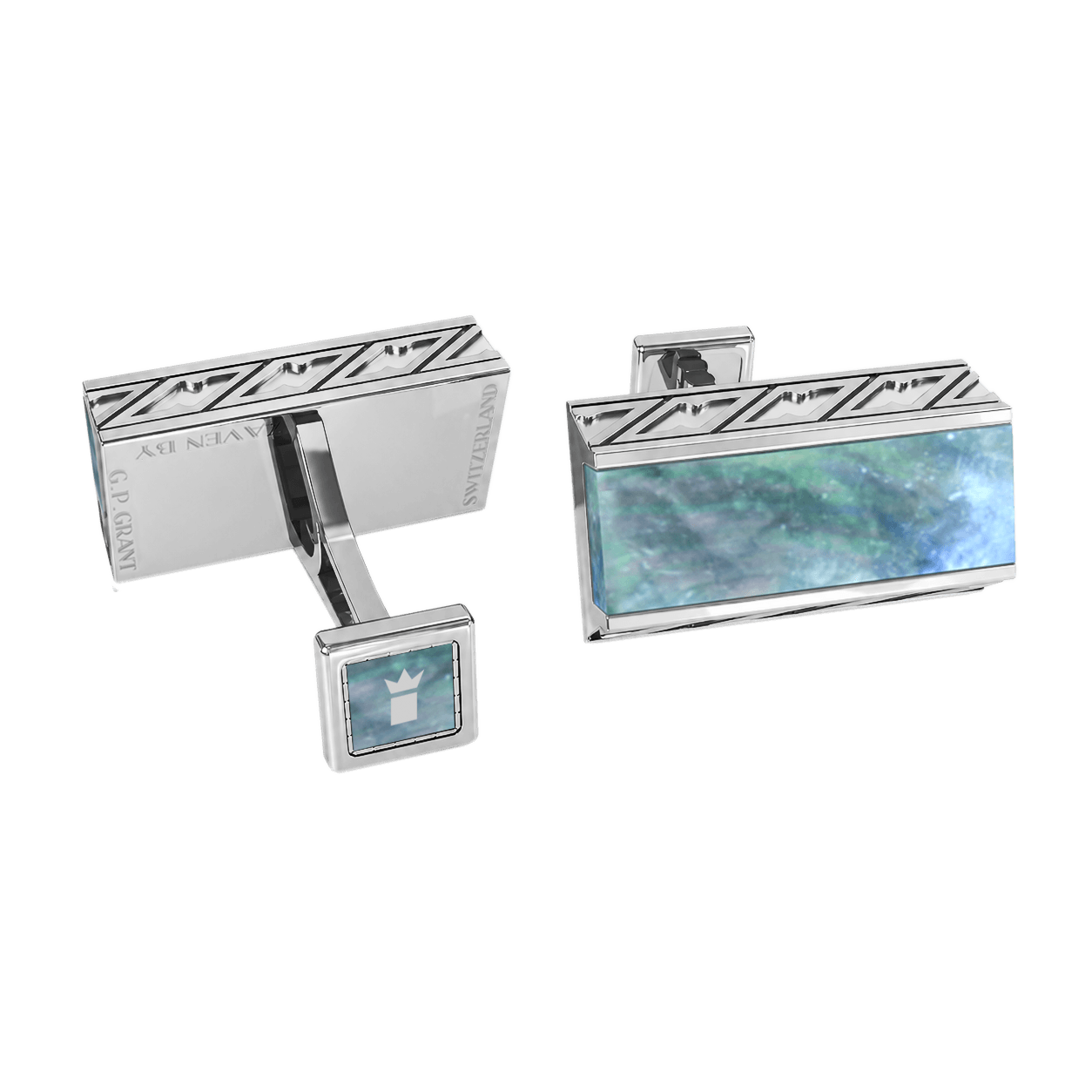 Zaven Lafette cufflinks in Sterling Silver and White Gold with iridescent Dark Mother of Pearl, masculine and elegant design
