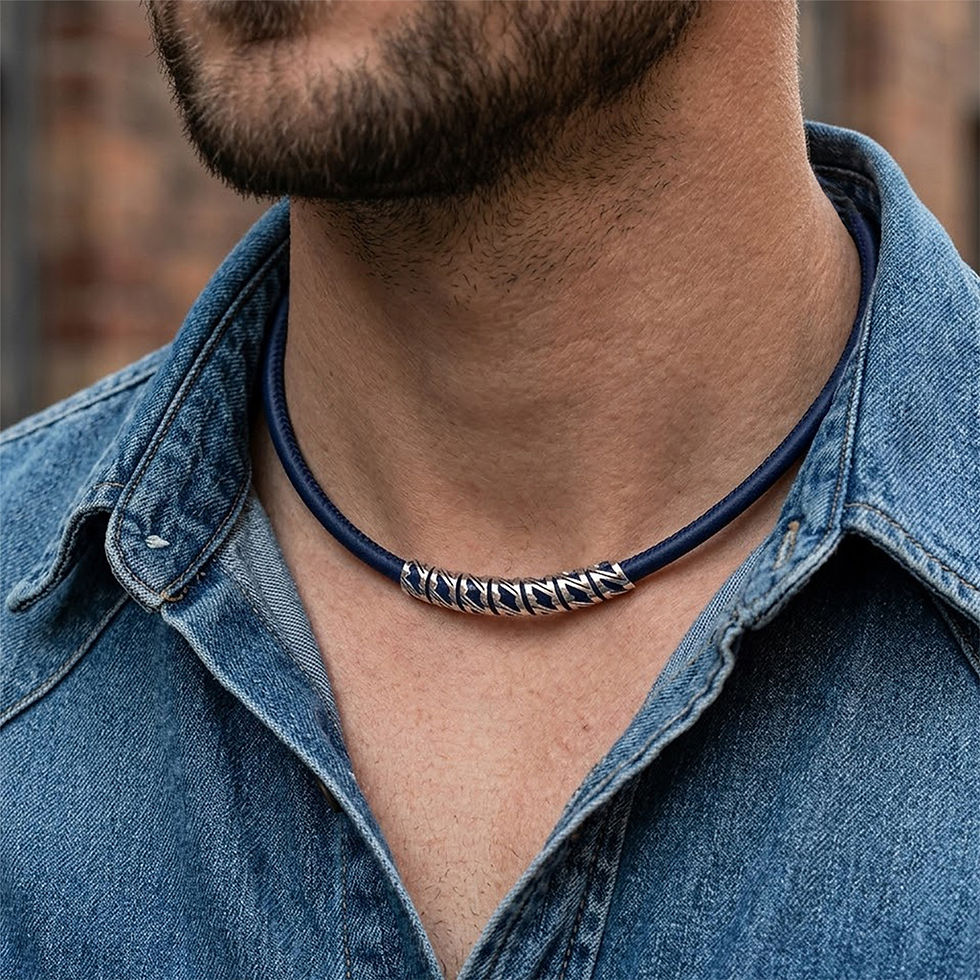 Miniature : High-end men jewelry. G.P. Grant sterling silver openwork barrel beads on a premium navy blue leather choker.