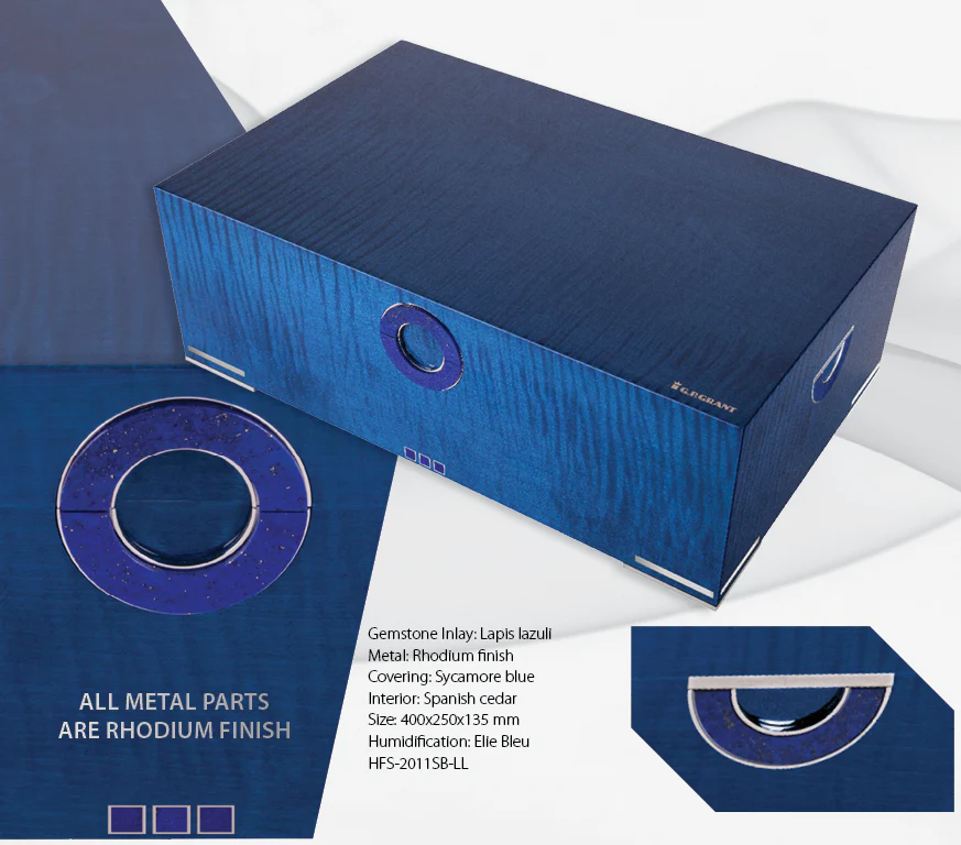Set de Humidores, Ceniceros y Encendedores: El exclusivo GEORGE COLLECTION presenta un humidor, cenicero y encendedor, hechos con cedro español y decorados con álamo azul y Lapislázuli auténtico. Los componentes metálicos en oro, platino o rodio añaden una elegancia especial a cada pieza.