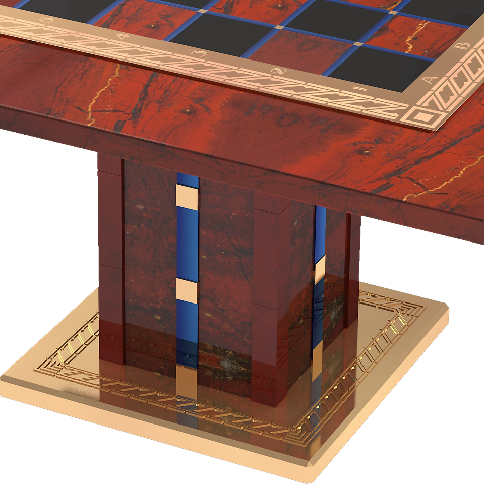Jeu d’Échecs de Luxe avec Table d’Échecs Unique Découvrez l’élégance ultime avec notre table d’échecs fabriquée à partir de Jaspe Rouge et Nacre. La surface de jeu est sublimée par des incrustations raffinées en cristal et laiton, et la base en Jaspe Rouge, plaquée or, témoigne de l’artisanat de luxe. Accompagnant cette table, le set d’échecs de luxe, en bois de rose, présente un échiquier incrusté de Jaspe Rouge et Nacre. Chaque pièce est un exemple d’excellence artisanale, avec un design sophistiqué pour une expérience de jeu parfaite.