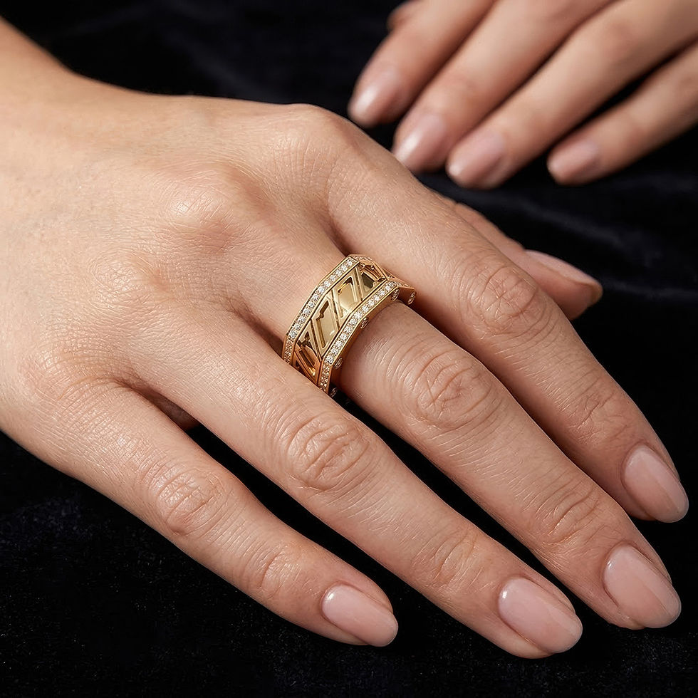 الصورة المصغرة: Elegant Zaven Octet ring in yellow gold with sparkling diamond frames worn gracefully on a hand
