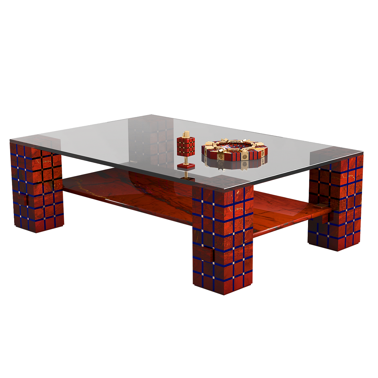 Objets d’Intérieur, Meubles en Pierre & Accessoires Nous créons des pièces d’intérieur exquises en utilisant le Jaspe Rouge, apportant une élégance distincte et une sophistication à vos espaces. Notre collection comprend une variété d’articles tels que des meubles, des lampes de table, des cadres photo, des accessoires de bureau et bien d’autres créations uniques qui incarnent le luxe et le goût raffiné.   Chaque article en Jaspe Rouge n’est pas seulement une pièce fonctionnelle, mais une véritable œuvre d’art, mettant en valeur votre appréciation du design et du détail. Les riches teintes rouges du Jaspe Rouge, combinées à des éléments décoratifs soigneusement fabriqués, en font un ajout parfait à tout intérieur.   La Table Basse en Jaspe Rouge est une exposition remarquable de l’artisanat, composée de 1 024 pièces de Jaspe Rouge, bronze et verre. Cette pièce en édition spéciale met en valeur la beauté intemporelle du Jaspe Rouge, le transformant en une œuvre d’art sophistiquée. Le mélange parfait de luxe et d’art, cette table offre un ajout unique à toute pièce, apportant une élégance et un charme naturel incomparables. Chaque composant de la table est conçu pour refléter la beauté naturelle de la pierre et ses détails complexes, en faisant un point focal captivant dans n’importe quel espace.