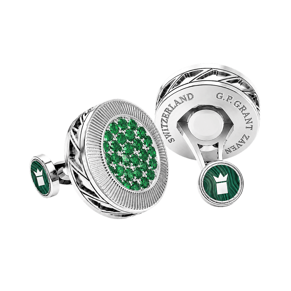 egal cufflinks in 18K White Gold, featuring high-contrast green Malachite and vibrant Emerald accents