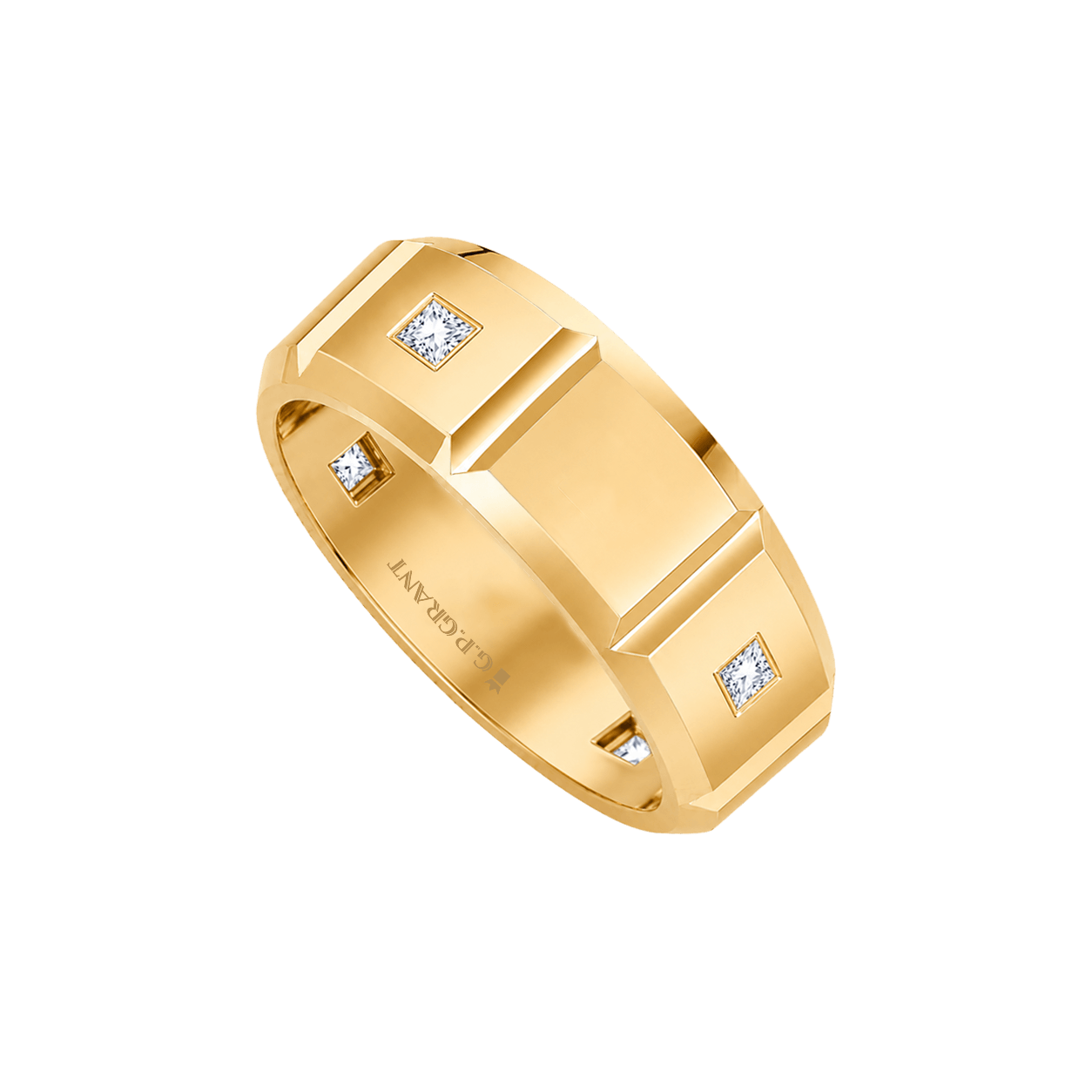 Sovereign 18K yellow gold ring with satin/polished facets and princess diamonds. خاتم ذهبي. Anello d'oro. Anello d'oro