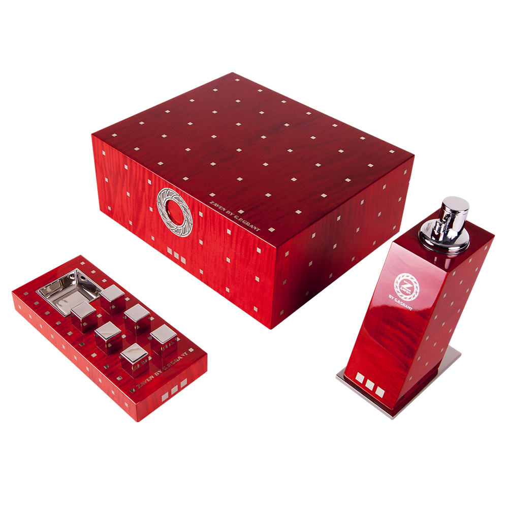 Elie Bleu Red Humidor Set: Luxurious cigar storage with matching lighter and ashtray. Buy this high-end set online