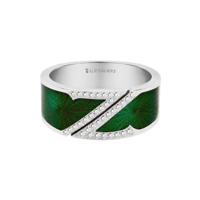 Thumbnail: Luxus-Ring Zaven Exclusive aus Weißgold, veredelt mit glänzendem grünem Lack und feurigen Diamanten.