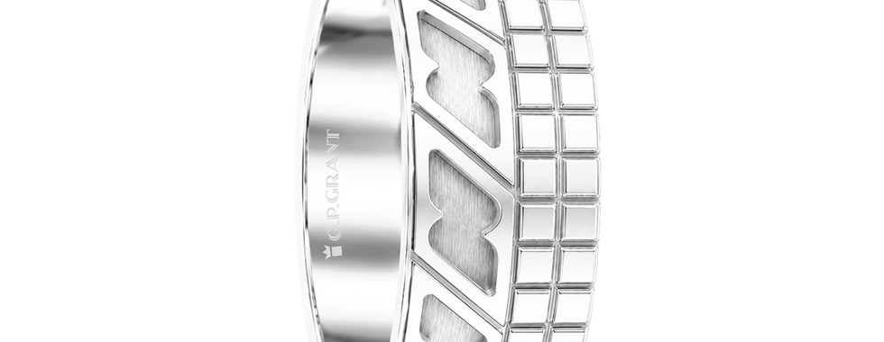 Mens wedding rings in white gold with bold side profile, gold ring for men with geometric detail