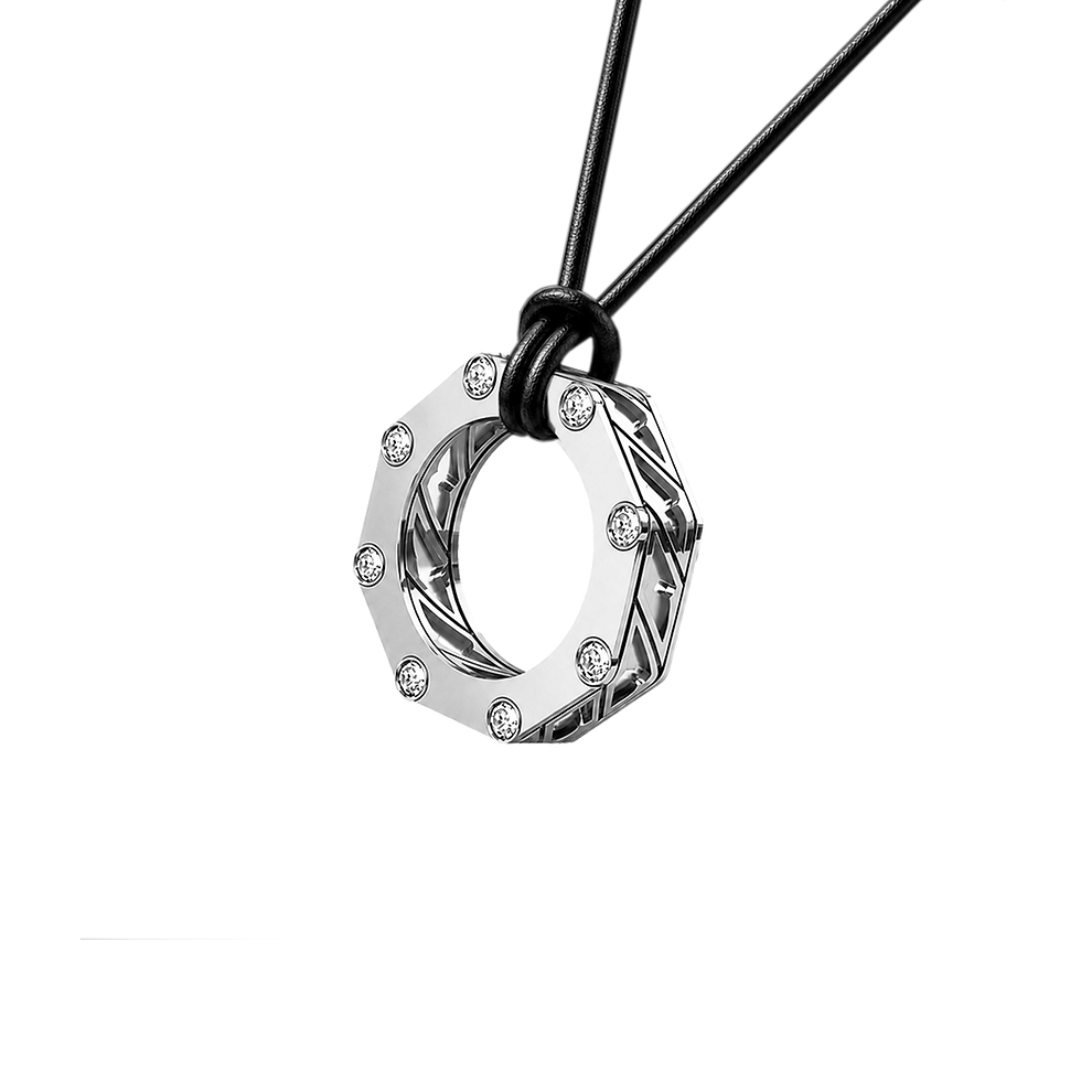 Miniaturbild: Architectural white gold small octagonal pendant featuring minimalist diamond setting and leather cord. Pendentif en diamants