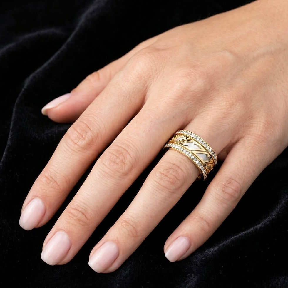 Miniatura: White gold Zaven Classic Bold ring with double diamond tracks on a woman's hand. Wedding ring / Wedding band