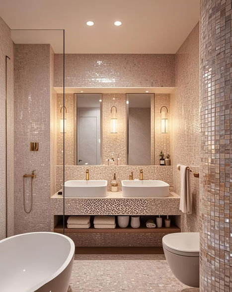 Mother-of-pearl mosaic bathroom with double vanity and mirrors